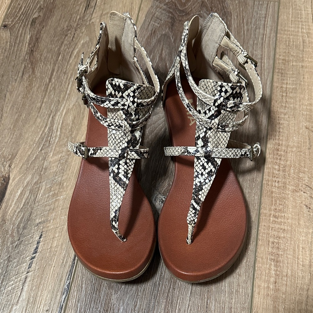 MIA Snakeskin Patterned Sandals with Black and Cream Straps